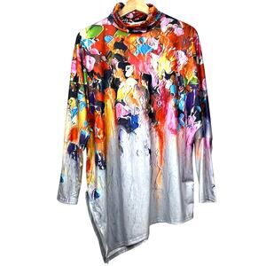 Women’s Asymmetrical Multicolor Art to Wear High Neck 3/4 Sleeve Top‎ Size L